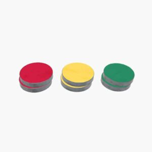 A set of red, yellow, and green ceramic magnetic discs designed for use on visual boards or metal surfaces.