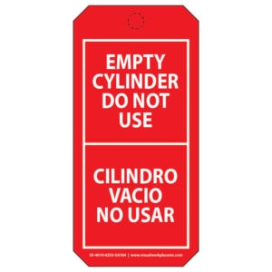 A Red Lock Out Tag Stating "Empty Cylinder Do Not Use" In English and Spanish