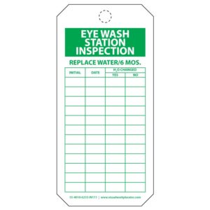 Polytag: Eye Wash Station Inspection Tag. Replace water each 6 Months. Inspection Log.