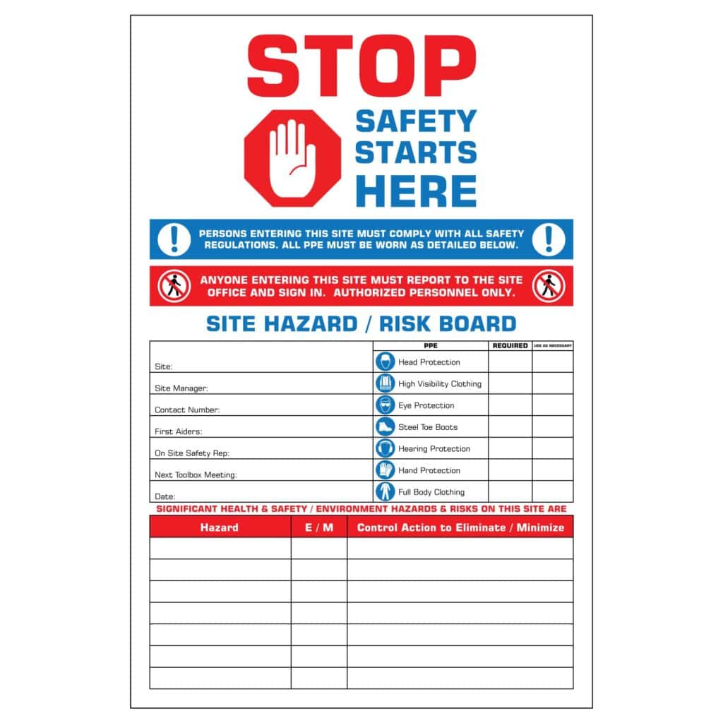 A visual Dry Erase board indicating Site Hazards / Risk Board highlighting important safety information for work sites.