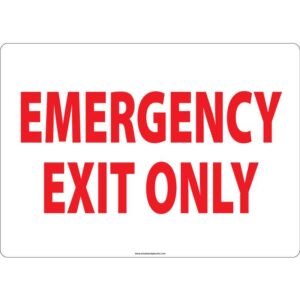 Emergency Exit Only - Sign with Red Text and White Background.