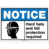 Notice. Hard hats and fall protection required. ANSI.