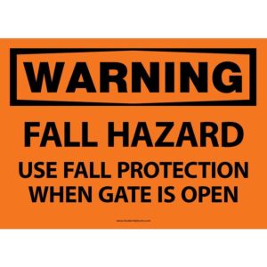 Warning. Fall Hazard. Use fall protection when gate is open. OSHA