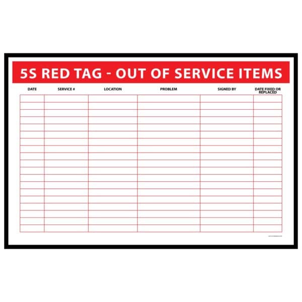 Visual dry erase board displaying 5S red tags for items marked as out of service, indicating their status clearly.