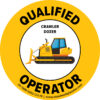 Yellow Circle Hard Hat Decal - Qualified Operator with Crawler Dozer Image