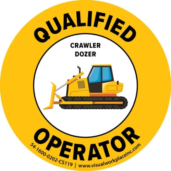 Yellow Circle Hard Hat Decal - Qualified Operator with Crawler Dozer Image