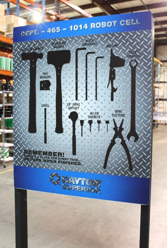 Dayton Superior's mobile tool storage solution featuring a textured background and meticulously designed tool shadows for enhanced organization and prevention of tool misplacement