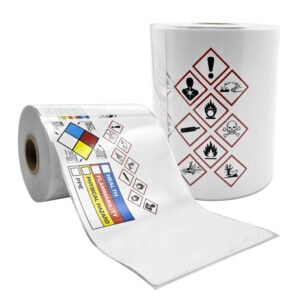 A Group of rolls of Customizable GHS Labels usable with the Visual Safety Printer.