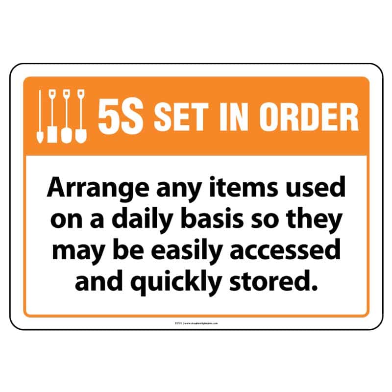 A sign that states "5 S Set in Order. Arrange any items used on a daily basis so they may be easily accessed and quickly stored". Highlighting the importance of maintaining an orderly and efficient environment.