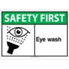 A green safety first ANSI sign saying "Eye wash" for medical emergencies