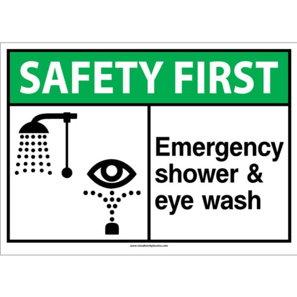 ANSI Safety First: Emergency Shower and Eyewash, with icons
