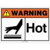 ANSI-compliant warning sign depicting a hand above a heat source, signaling caution due to high temperature.