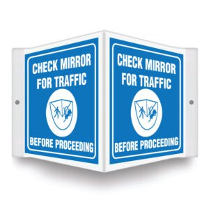 A 3D projection sign advising to check the mirror for traffic before operating the forklift, ensuring safe maneuvering practices.