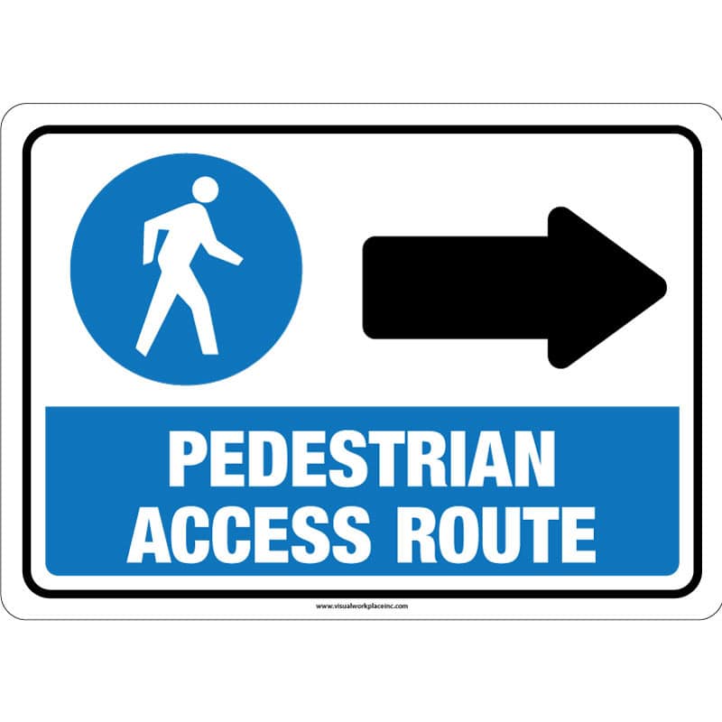 Pedestrian access route sign pointing right, guiding individuals safely along the designated path for foot traffic in the vicinity.