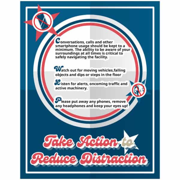 Safety poster promoting distraction reduction with the message "Take action to reduce distraction" for workplace awareness.