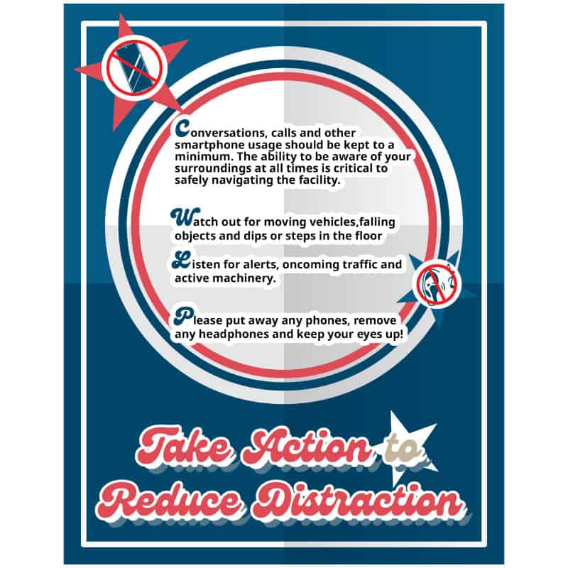 Safety poster promoting distraction reduction with the message "Take action to reduce distraction" for workplace awareness.