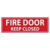 Red sign with white text, reading "Fire Door Keep Closed"