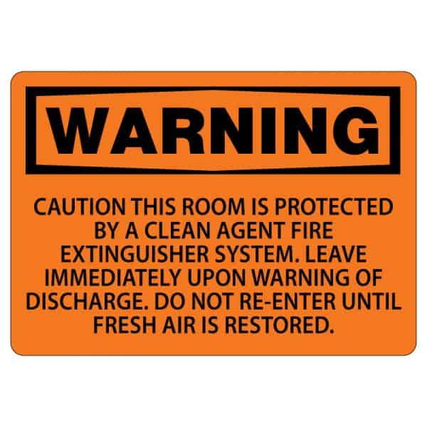 OSHA warning sign for clean agent fire extinguishing system; do not enter until fresh air is restored after discharge.