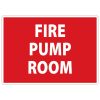 Red and white sign indicating the location of the fire pump room for safety and emergency access.