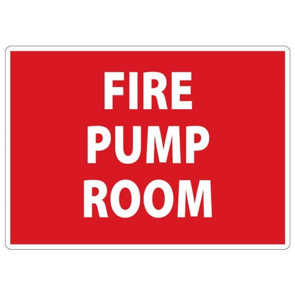 Red and white sign indicating the location of the fire pump room for safety and emergency access.