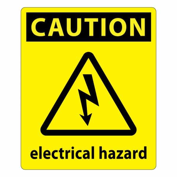 Caution sign indicating an electrical hazard with a warning icon, alerting to potential electrical dangers.