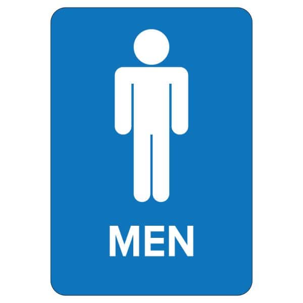 ADA-compliant blue sign displaying the word "Men," promoting accessibility in restroom facilities.
