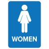 ADA-compliant blue sign displaying the word "Women," promoting accessibility in restroom facilities.