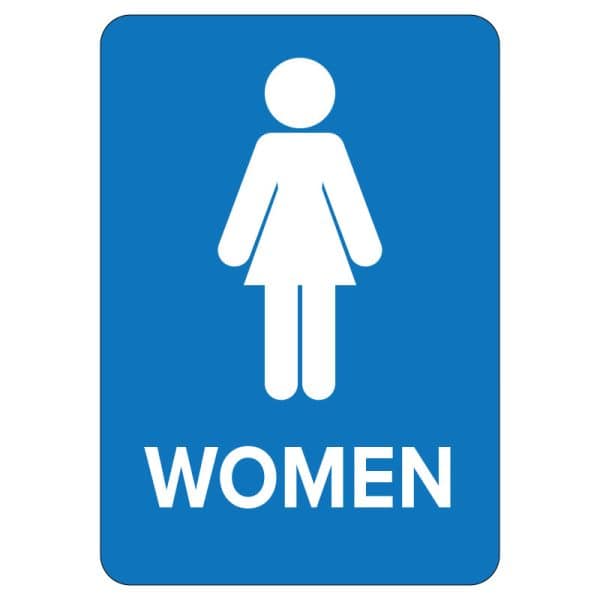 ADA-compliant blue sign displaying the word "Women," promoting accessibility in restroom facilities.
