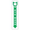 Green downward arrow sign with a white silhouette of a person washing their eyes, indicating the direction to the eyewash station.