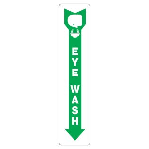 Green downward arrow sign with a white silhouette of a person washing their eyes, indicating the direction to the eyewash station.