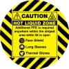 A round yellow and black floor decal warning of a hot liquid zone, indicating PPE is required when the lid is open.