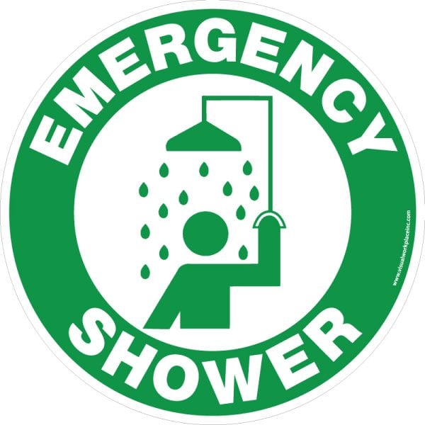 Safety Floor Sign: Emergency Shower, Green and White, 17in Diameter, Slip Resistant