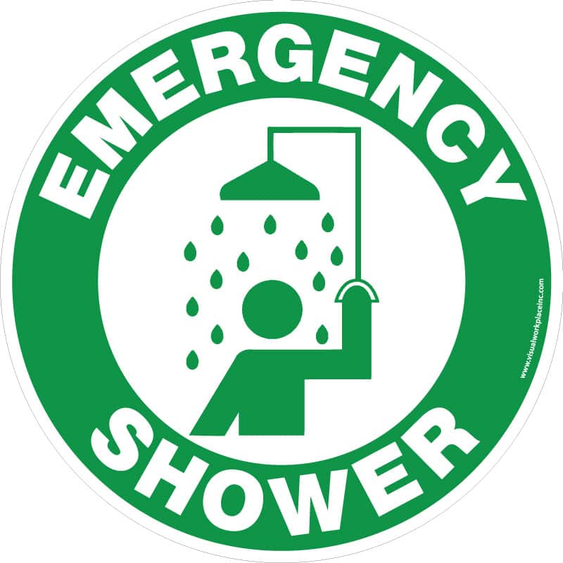 Safety Floor Sign: Emergency Shower, Green and White, 17in Diameter, Slip Resistant