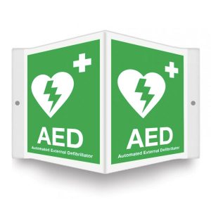 12"x9" 90-degree projecting sign with "AED" and an AED heart icon.