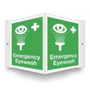 12"x9" green and white 3D projection sign with a 3D image of a white emergency eyewash station in use and white text stating "Emergency Eyewash."