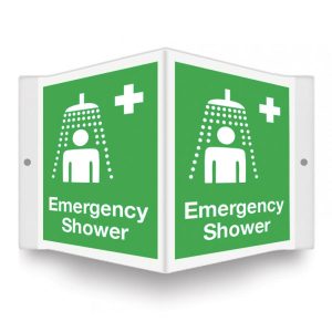 12"x9" green and white 3D projection sign with a 3D image of an emergency shower in use and white text stating "Emergency Shower."