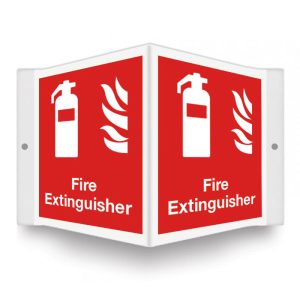 12"x9" red and white 3D projection sign with a 3D image of a fire extinguisher next to a fire and white text stating "Fire Extinguisher."
