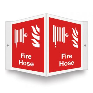 12"x9" red and white 3D projection sign with a 3D image of a fire hose next to a fire and white text stating "Fire Hose."