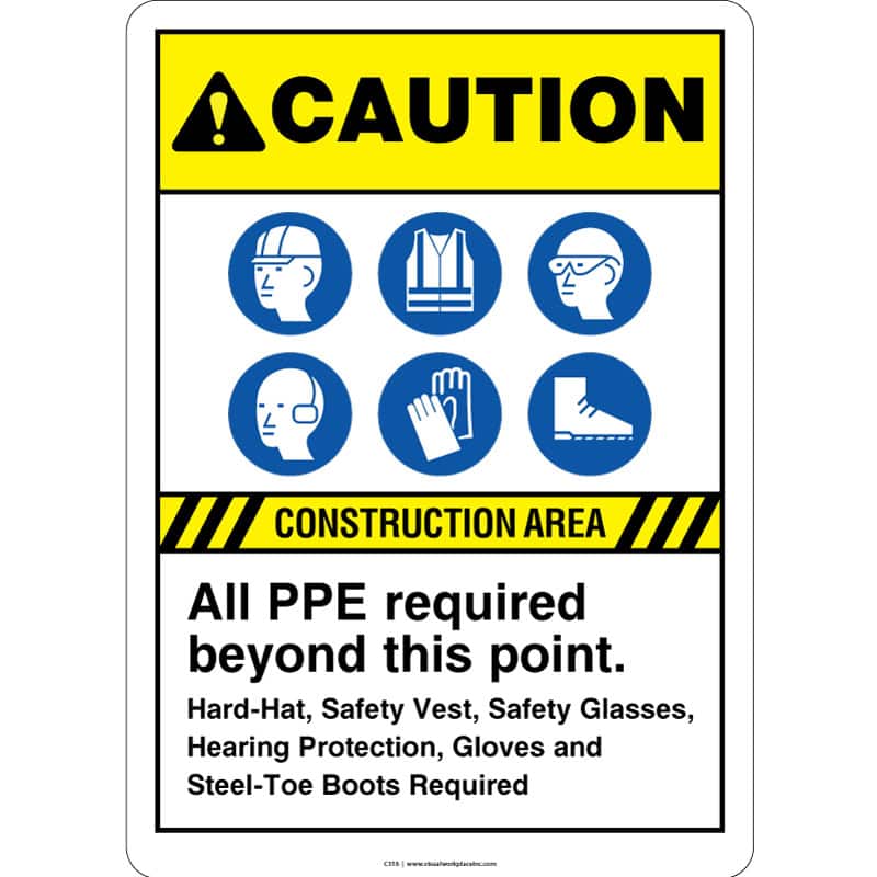 Vertical caution sign with icons of a hard hat, safety vest, safety glasses, hearing protection, gloves, and steel-toe boots, stating "Construction Area" and "All PPE required beyond this point. Hard-Hat, Safety Vest, Safety Glasses, Hearing Protection, Gloves and Steel-Toe Boots Required"