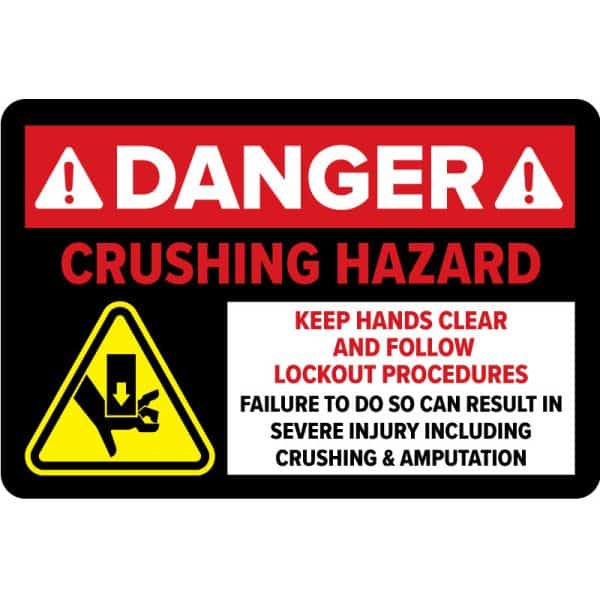 A red and black danger sign with a yellow triangle warning symbol. The text reads "DANGER CRUSHING HAZARD. KEEP HANDS CLEAR AND FOLLOW LOCKOUT PROCEDURES. FAILURE TO DO SO CAN RESULT IN SEVERE INJURY INCLUDING CRUSHING & AMPUTATION." This sign is a safety warning to prevent crushing accidents and injuries in the workplace.