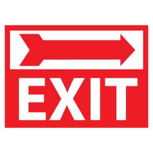 Exit sign featuring an arrow directing to the right, indicating the way to leave the area for emergency exits.