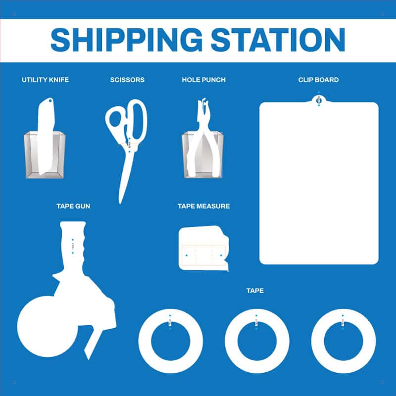 Shipping Station shadow board panel with outlined tool slots for utility knife, scissors, hole punch, tape gun, tape measure, tape rolls, and clipboard.
