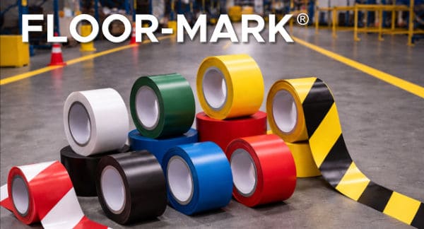 Stack of various Floor-Mark safety floor tape rolls on a manufacturing floor.